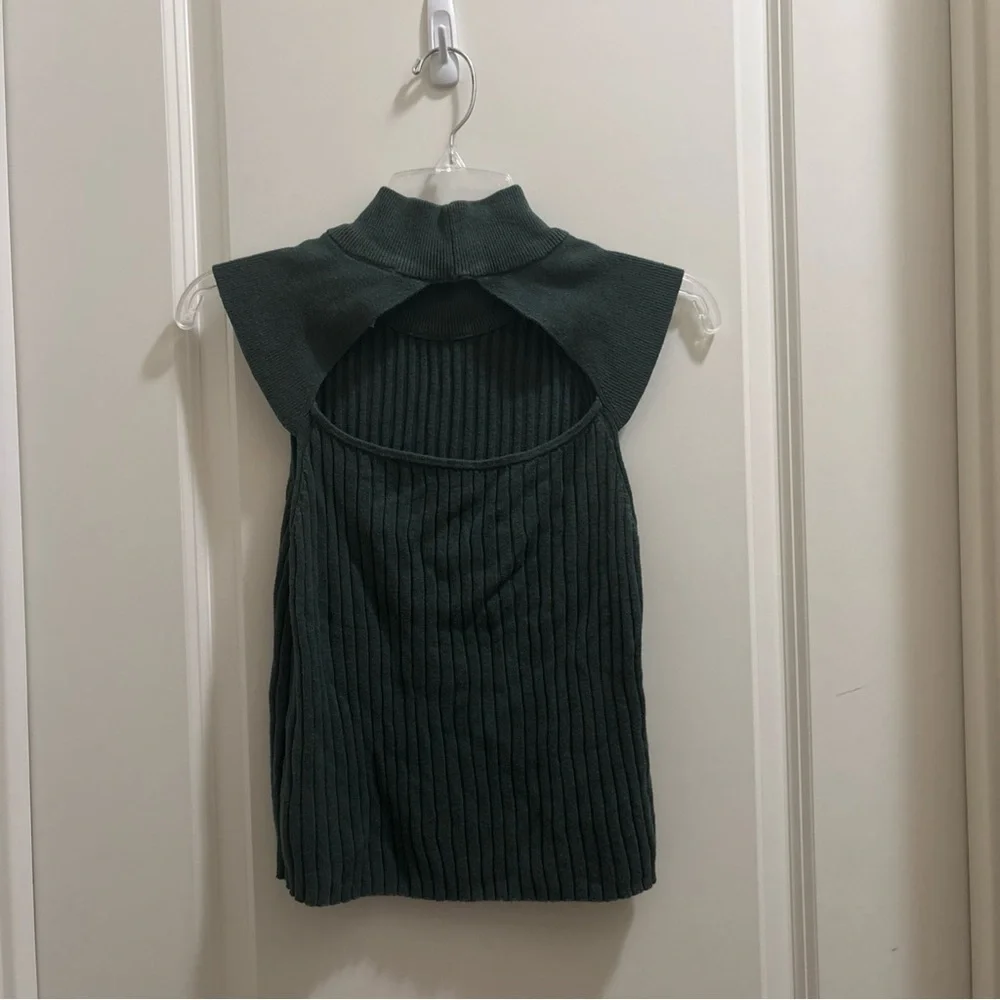 Varley Fowler Fitted Knit Tank Top Ribbed Mock Neck Cut Out Green Women M Luxury